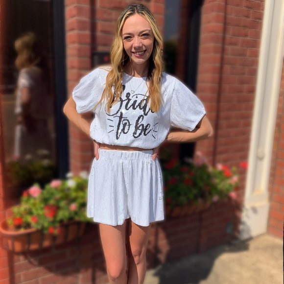 White Sequin Shorts. Perfect to pair with Bride to Be top - Picture 3 of 5